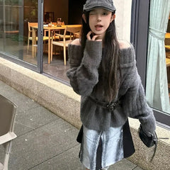 Bxoxo Women Thickening Slash Neck Off Shoulder Solid Simple All-match Casual Sexy Spicy Girls Knitted Sweater Ulzzang Unique