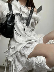 BXOXO Fashion Punk Slash Neck Print T-shirts Spring Autumn New Mid-length Tops Women Y2k Grunge Long Sleeve Street Tee Shirt