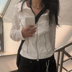 BXOXO Punk Style Jacket y2k Women Zip Up Turn-down Collar Long Sleeve Coat Korean Fashion Goth Top Autumn Outwear Streetwear