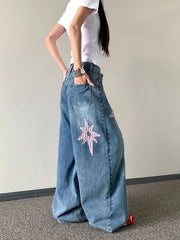 Bxoxo Y2K Star Patches Women Denim Pants Autumn Loose Streetwear Casual Wide Leg Jeans Bf American Hip Hop Punk Machete Trousers New