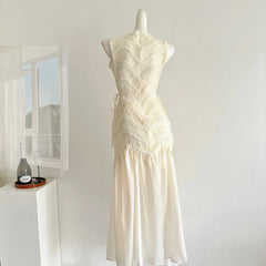 Bxoxo White Sleeveless Princess Style Dress Chinese Artistic Vintage Design Summer Fashionable Mini-Length Polo Collar Empire Waist