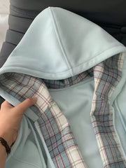 Bxoxo Plaid Patchwork Blue Hoodies Women Sweet Preppy Style Long Sleeve Cute Sweatshirts Loose Casual Vintage Female Korean Tops New