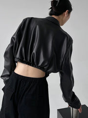 Bxoxo American Vintage Pu Leather Women Jacket Y2K Black Lapel Long Sleeve Crop Coats Harajuku Streetwear Zipper Casual Outerwear