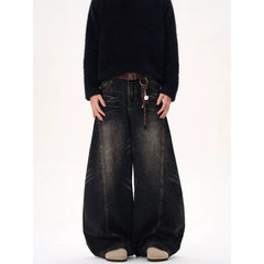 Bxoxo Vintage Washed Black Women's Jeans Wide Leg American Style High Waist Baggy Denim Pants Casual Straight Trousers New