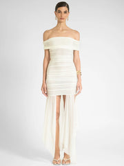 BXOXO Mesh Off-shoulder Backless Sexy Maxi Dress For Women Fashion Strapless Sleeveless Split Ruched Bodycon Club Party Dress