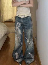 Bxoxo Y2k Vintage Rhinestone Butterfly Women Jeans Washed Harajuku Wide Leg American Style Baggy Denim Pants Gyaru Hip Hop