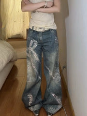 Bxoxo Y2k Vintage Rhinestone Butterfly Women Jeans Washed Harajuku Wide Leg American Style Baggy Denim Pants Gyaru Hip Hop