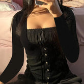 BXOXO Vintage y2k Tops Women Lace Trim Long Sleeve T-Shirts Fall Fairycore Aesthetics Grunge Clothes Streetwear