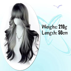 BXOXO synthetic Long Body Wave Black And Gray Gradient Cosplay Wigs Heat Resistant Synthetic Wigs Bangs Natural Lolita Wigs For Women