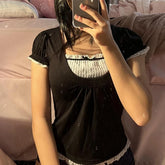 BXOXO Korean Kawaii Patchwork Women T-shirt Y2K Aesthetic Vintage Milkmaid Top Fairycore Grunge Square Collar Short Sleeve Crop Top