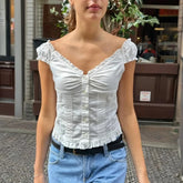 Bxoxo y2k Tank Top Women Summer Clothes Solid Color Cap Sleeve Button Down Slim Fit Frill T Shirt 2000s Vest Streetwear