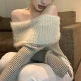 Bxoxo Off Shouder Sexy Sweaters Mink Cashmere Vintage Red Knitwear Top Jumper Y2k Clothes Pullover Pull Femme Black Sueter Mujer