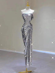 BXOXO Silver Shiny Cocktail Dresses Strapless Ruched Sleeveless Mermaid Sequins Light Luxury Red Carpet Woman Evening Prom Party Gowns