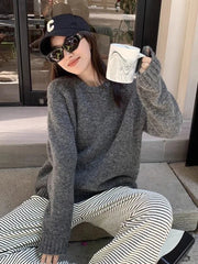 Bxoxo Streetwear Loose Gray Sweaters Women Long Sleeve Vintage Simple Knitted Pullover Korean Fall O Neck Female Retro Jumpers