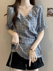 Bxoxo Ruffles Vintage Plaid Blouse Women Causal Sweet Slim Short Sleeve Shirt Korean Retro Female Lace Up Elegant Design Tops New