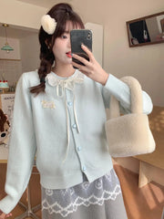Bxoxo Ruffles Sweet Cardigan Women Cute Long Sleeve Bow Sweaters Preppy Style O Neck Japan Kawaii Letter Lace Up Love Buttons Top