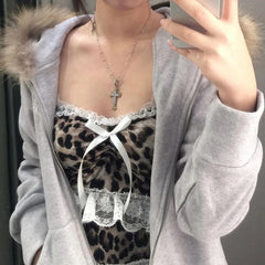 BXOXO Vintage Leopard Print Crop Top Lace Ruched Patchwork Bow Camis Summer Casual Sleeveless Tees y2k Aesthetic Women Clothing
