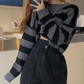 Bxoxo New Korean Style Striped Cropped Sweater Women Vintage Oversize Knit Jumper Female Autumn Long Sleeve O-neck Pullovers Tops