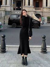 Bxoxo Fashion Turtleneck Black Midi Dress Y2K Korean Elegant Hepburn Style Slim Fishtail Dress Autumn Office Lady Long Sleeve Vestidos