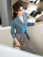 BXOXO DRESS TO IMPRESS Temperament V-Neck Formal Dress Shiny Elegant 3/4 Sleeve Lace up Slim Banquet Gown New Long Blue Sequin Party Vestido