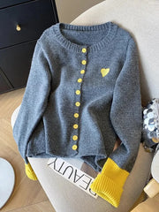 Bxoxo Vintage Love Print Cardigan Women Lazy Wind Patchwork Long Sleeve Knitted Sweaters Casual O Neck Fall Retro Korean Female Tops