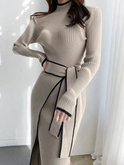 Bxoxo Korean Chic Patchwork Women Midi Dress Y2K Autumn Stand Collar Slim Lace Up Knitted Dress Elegant Office Lady All Match Vestidos