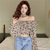 Bxoxo Retro Ruffle Floral Women Shirts Spring New Slash Neck Casual Chiffon Shirt Korean Elegant Patchwork Slim Ladies Cropped Tops
