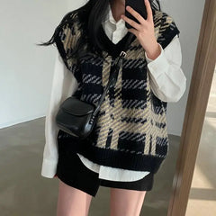 BXOXO Plaid sweater pullover vest female students wear winter Korean loose retro V-neck sleeveless knitted pullover vest sweater top