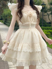 Bxoxo 3D Floral Sweet Mini Dress Women Casual Fashion Slim Flying Sleeve Cake Dress Preppy Style Lace Patchwork Cute Vestidos New