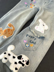 Bxoxo Y2K American Cartoon Print Women Jeans High Waist Streetwear Loose Wide Leg Pants Harajuku Kawaii Embroidered Denim Trousers