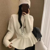 Bxoxo Ruffles Patchwork Knitted Sweater Women Autumn Japanese Button Splicing Casual Pullover Female Solid Simpl All Match Knit Jumper