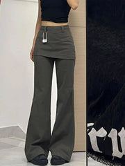 Bxoxo Harajuku Patchwork Women Flared Pants Vintage High Waist American Style Fake Two Piece Trousers Y2k Baggy Solid Gyaru