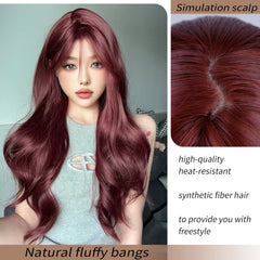 BXOXO Synthetic 26 Inch Wine Red Curly Wig With Separated Bangs Heat-Resistant Deep Wave Hair Sweet Natural Party Or Selfie