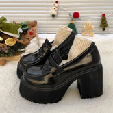 BXOXO Rimocy Chunky Platform Pumps for Women Patent Leather Super High Heels Party Shoes Woman Slip-On Square Heels Mary Janes