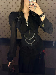 Bxoxo Black Gothic Halter Neck Vest 2 Piece Set Women Y2K Sexy Slim See Through T Shirts Aesthetic Streetwear Punk Camis Sets Mujer