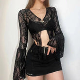 Bxoxo Sexy See Through Mesh Women Blouse Fashion Gothic V Neck Flare Sleeve Sunscreen Cardigan Y2K Summer Hot Girls Lace Crop Tops