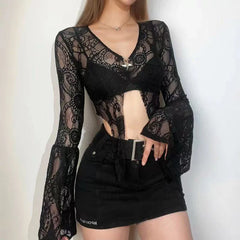 Bxoxo Sexy See Through Mesh Women Blouse Fashion Gothic V Neck Flare Sleeve Sunscreen Cardigan Y2K Summer Hot Girls Lace Crop Tops