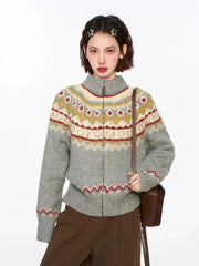 Bxoxo Vintage Harajuku Print Cardigan Sweaters Women Soft Streetwear Long Sleeve Knitted Jacket Retro American Casual Zipper Gray Tops