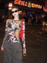 Bxoxo Japanese Style Anime T Shirts Women Vintage Y2k Harajuku Mesh Graphic Tees Juminocore Streetwear Long Sleeve T-Shirts