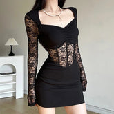 Bxoxo Black Mysterious Sexy Lace Stitching Mature Fishbone Beautiful Sweet Gentle Women'S Winter Long Sleeve Hip Short Dress