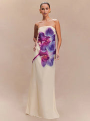 BXOXO Floral Print Strapless Sexy Maxi Dress For Women Gown Off-shoulder Backless Sleeveless Elegant Long Dress Fashion