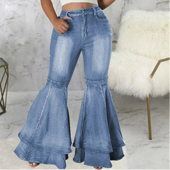 BXOXO Fashion Splicing Layers Flared Jeans Women High Waist Comfortable Commuter Denim Pants Female Casual Stretch Wide Leg Trousers