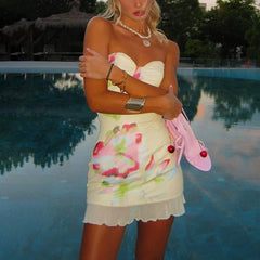 BXOXO Ruffles Print Slim Bodycon Dress Women Strapless Mini 2025 Spring Summer Dress Mesh Niughtclub Sexy Party Dresses