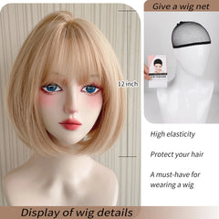 BXOXO 12 Inch Synthetic Short Straight Bangs Wigs Bob Fiber Heat-resistant Deep Wave Hair Sweet And Natural Party or Selfie