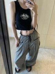 Bxoxo Plaid Ruffled Black Pants Women High Waist Kawaii Coquette Japanese Sweet Style Cute Wide Leg Trousers Harajuku Pant Vintage Y2k