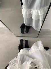 Bxoxo Korean Style Lace Tank Tops Women Y2k Fairycore White Ruffle Sleeveless Dress See-through Aesthetic Kpop Mesh Dress