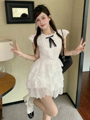BXOXO Sweet Chic Bow White Dress Women Slim Fashion Flying Sleeve Cute Mini Dress Casual O Neck Female Elegant Lace A Line Dress