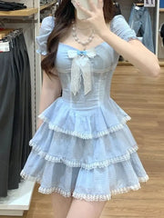 Bxoxo Summer Sweet Kawaii Blue Plaid Dress Woman Lolita Lace Y2k Mini Dress Short Party Elegant One Piece Dress Korean Fashion