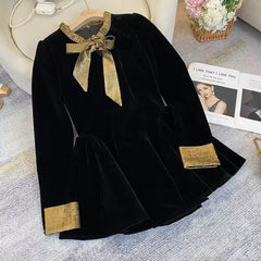 Bxoxo Velvet Lace Up Mini Dress Autumn Korean Chic Bow Patchwork Mini Dress Fashion Aesthetic Streetwear Party Club Ladies Vestidos