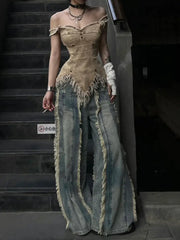 BXOXO Women's Washed Y2K Baggy Japanese 2000s Denim Trouser Vintage Casual Tassels Pants Female Street Trashy Retro High Waist Jeans